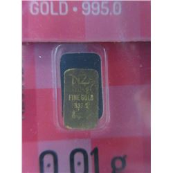 2 x .995 Fine Gold bullion Bars - 0.01 grams each