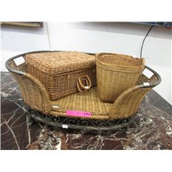 Wicker pet bed, basket & bucket - used