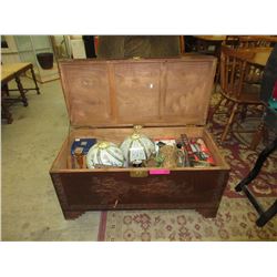 Carved wood chest & contents