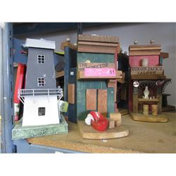 2 Wood model buildings & a tin lighthouse candle