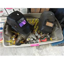 Welding helmets & heavy duty drill in tote