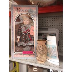 Collector doll, microscope kit & vases