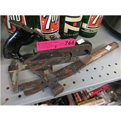 Vintage Stanley wood plane & roofing hammer.
