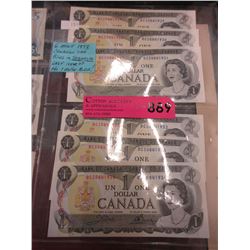 6 Mint 1973 Canadian $1 bills in sequence
