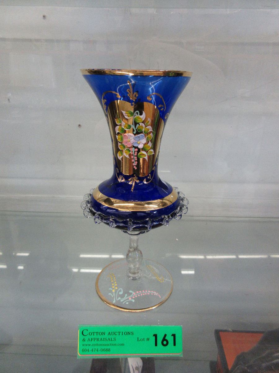 Bohemian blue glass vase with gold trim