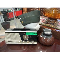 US Military cap, vintage radio & insulator