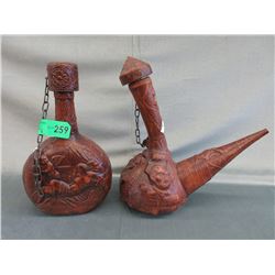 Pair of Spanish leather covered decanters