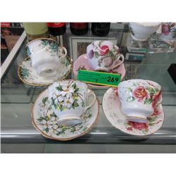 4 English teacup & saucer sets