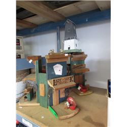 2 Wood model buildings & a lighthouse candle holder