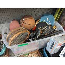 Tote of used sports equipment