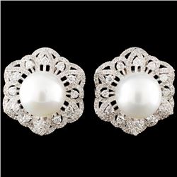 18K Gold 11MM Pearl & 1.85ctw Diamond Earrings