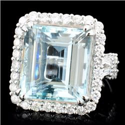 18K Gold 12.49ct Aquamarine & 1.42ct Diamond Ring