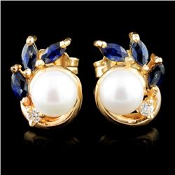 14K Gold Pearl & 0.05ct Diamond Earrings