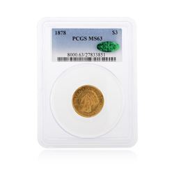 1878 PCGS MS63 $3 Indian Princess Head Gold Coin