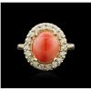 14KT Yellow Gold 3.20ct Coral and Diamond Ring