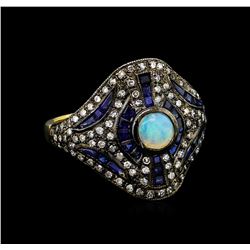 1.90ctw Blue Sapphire, Opal, and Diamond Ring - 18KT Yellow Gold