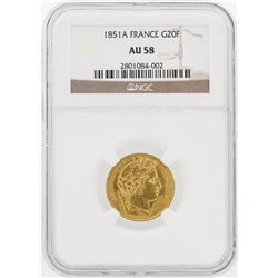 1851-A NGC AU58 France G20F Gold Coin