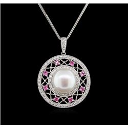Pearl, Pink Sapphire and Diamond Pendant With Chain - 14KT White Gold