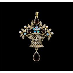 1.79ctw Garnet, Opal, Pearl and Diamond Pendant - 18KT Yellow Gold