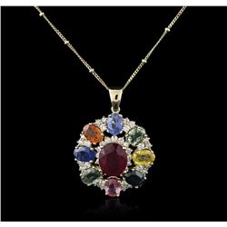 14KT Yellow Gold 4.42ct Ruby, Sapphire and Diamond Pendant With Chain