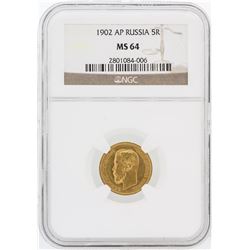 1902-AP NGC MS64 Russia 5R Gold Coin