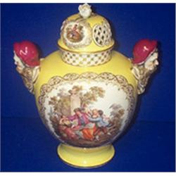 A HELENA WOLFSON POT POURRI VASE, c.1900, pierced dome lid, body decorated with a panel of gil...