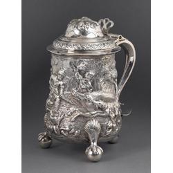 A TANKARD, NEWCASTLE, 1801, BY JOHN LANGLANDS, the domed lid with a hunting trophy, the body e...