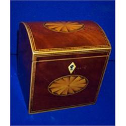 A MAHOGANY SATINWOOD, HAIRWOOD AND OTHER WOODS, CASKET SHAPED TEA CADDY, c.1800, the interior...