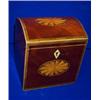 Image 1 : A MAHOGANY SATINWOOD, HAIRWOOD AND OTHER WOODS, CASKET SHAPED TEA CADDY, c.1800, the interior...