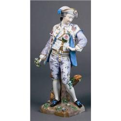 A PAIR OF LARGE MEISSEN FIGURES OF A GALLANT AND A GIRL IN 18th CENTURY COSTUME, LATE 19th CEN...