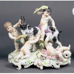 A LARGE MEISSEN STYLE GROUP OF AMORINI DISPORTING WITH A GOAT, LATE 19th CENTURY, cross mark i...