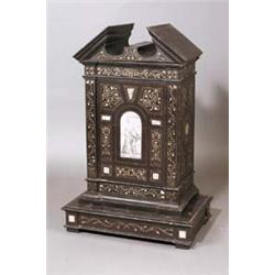 AN EBONY AND IVORY INLAID TABLE CABINET, ITALIAN, BASICALLY 17th CENTURY, of architectural out...