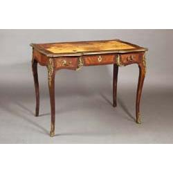 A KINGWOOD AND BRASS BANDED WRITING TABLE, 19th CENTURY, IN FRENCH STYLE, with inset leather t...