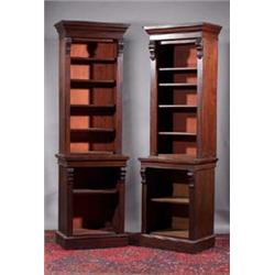 A PAIR OF STAINED WOOD OPEN BOOKCASES ENSUITE, EARLY 20th CENTURY, supplied by John McArevey o...