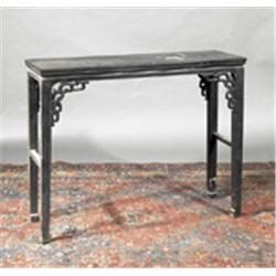 A CHINESE hardwood scroll table, moulded rim and pierced brackets 90cms wide x 37cms deep x 88...