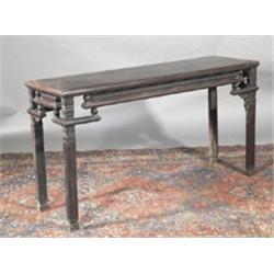 a chinese hardwood scroll table, with moulded rim on outset corners on square legs 158cms wide...