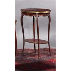 A KINGWOOD AND PARQUETRY OCCASIONAL TABLE, 19th CENTURY, the oval top with brass banding on br...