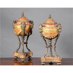 A PAIR OF GRIOTTE MARBLE AND ORMOLU ATHENIENNE VASES, 19th CENTURY, the domed lids with fruiti...