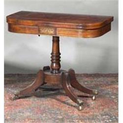 A ROSEWOOD BRASS LINE INLAID CARD TABLE, EARLY 19th CENTURY, the top with rounded cornice abov...