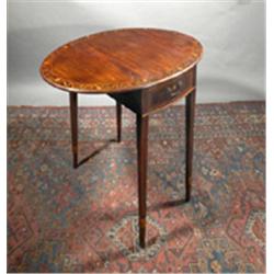 A MAHOGANY OVAL SATINWOOD BANDED PEMBROKE TABLE, IRISH c.1800, fitted with a frieze drawer on...