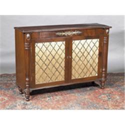 A MAHOGANY SIDE CABINET, EARLY 19th CENTURY, the rectangular top with reeded rim, the frieze s...