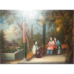CHINESE SCHOOL, 19th CENTURY Oil on canvas A girl playing a musical instrument on a garden...