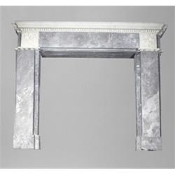 A WHITE STATUARY AND GREY MARBLE MANTEL PIECE, IRISH c.1770, the narrow shelf with corvetto mo...