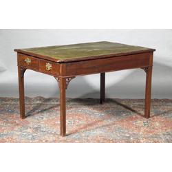 A MAHOGANY WRITING TABLE, c.1800, the rectangular top with later tooled green leather inset, r...