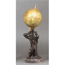 A BRONZE FIGURE OF ATLAS KNEELING SUPPORTING A GLOBE inscribed G Thomas Editeur, 44 Rue N.D. d...