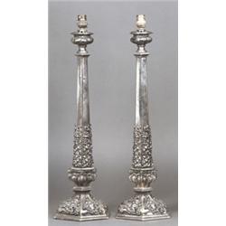 A PAIR OF PLATED LAMP BASES, 20th CENTURY, on hexagonal domed bases applied with leaves each 5...