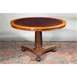 A MAHOGANY AND BURR ASH BANDED TILT TOP SUPPER TABLE, BY GILLINGTONS OF DUBLIN, with plain apr...