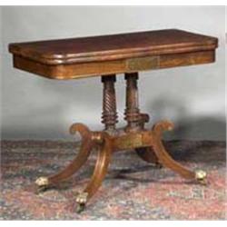 A ROSEWOOD AND BRASS INLAID FOLD OVER TOP CARD TABLE, EARLY 19th CENTURY, the top with a brass...