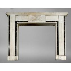A WHITE STATUARY MARBLE MANTLEPIECE, IN NEO-CLASSICAL STYLE, with covetto moulded shelf, the f...