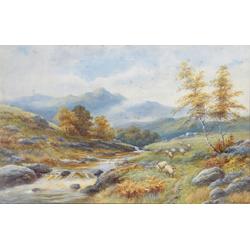HAROLD LAWES (fl. 1890) Watercolour Island stream with sheep Signed lower right Harold L...